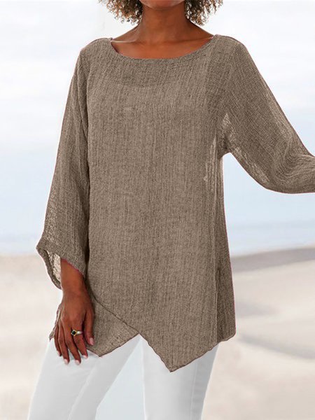 Asymmetric Linen Women Tunic Blouses, Khaki, Shirts & Blouses