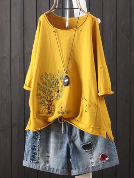 Casual Round Neck Shirts & Tops, Yellow, Tops