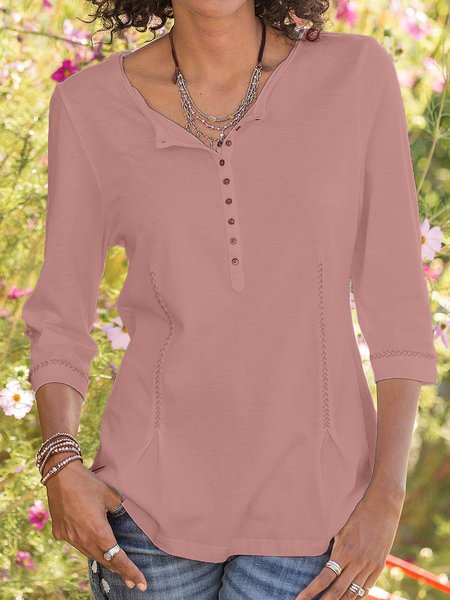 3/4 Sleeve Paneled V Neck Shirts, Deep pink, Shirts & Blouses