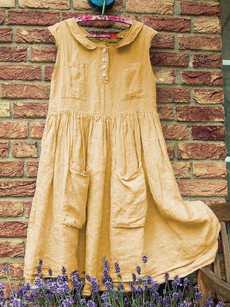 

Plus Size Women Caftan Pockets Peter Pan Collar Casual Linen Weaving Dress, Yellow, Casual Dresses