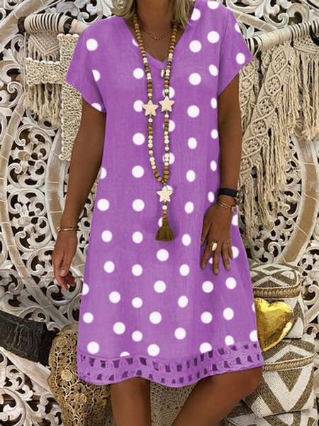 

Polka Dots Hollow Out Hem V Neck Short Sleeve Vacation Mini Dress, Purple, Mini Dresses
