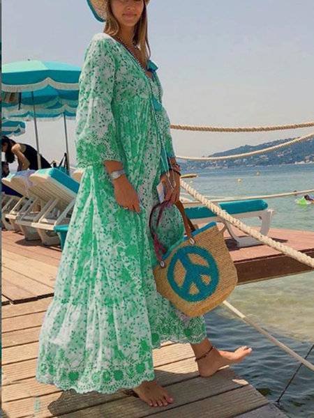 Women Cotton-Blend Holiday V Neck Maxi Dresses, Green, Dresses