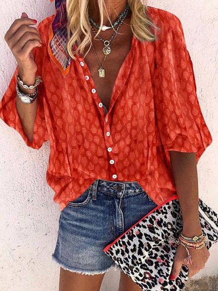 Casual Printed 3/4 Sleeve Shirts & Tops, Orange, Shirts & Blouses