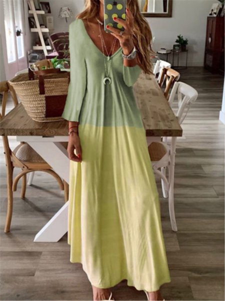 Grafico Stampato Casuale Scollo a V Maniche Lunghe Maxi Abito, Verde, Summer dresses