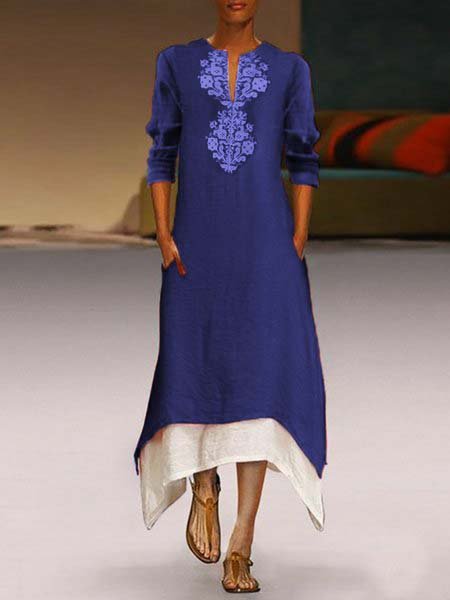 

Asymmetric V Neck Casual Abstract Print Half Sleeve Weaving Dress, Purplish blue, Casual Dresses
