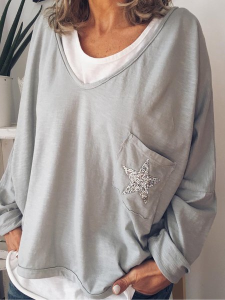 Grigio Vacanza Misto Cotone Tasche Scollo a V Camicetta & Top, Bianco, Sweater