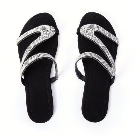 

JFN Women Shiny Slippers Casual Embellished Toe Post Shoes, Black-1, Sandals