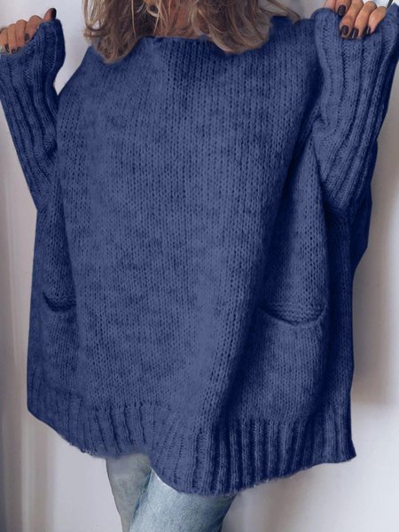 Plus Size Casual Solid Crew Neck Long Sleeve Pockets Tops, Blue, Knitwear & Sweaters