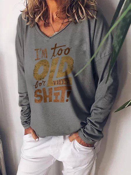 Casual Long Sleeve Cotton V Neck Shirts & Tops, Gray, Hoodies&Sweatshirts