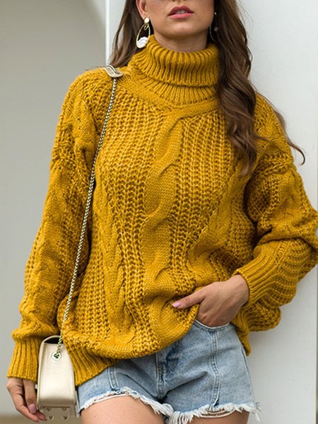 Maglione Casuale Tinta unita dolcevita a maglia con Maniche Lunghe, Giallo, Sweater