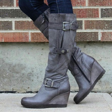Wedge Heel Daily Boots, Gray, Boots