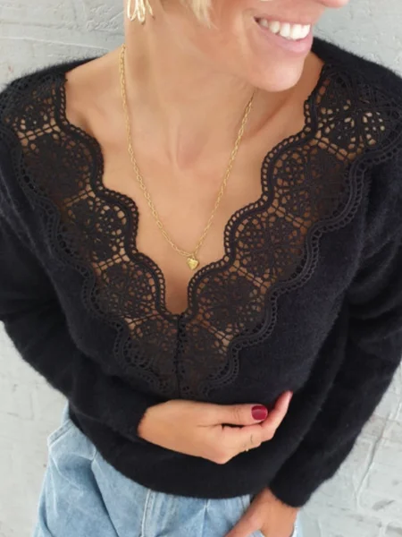 

Casual Shift Floral Guipure Lace Sweater, Black, Sweaters & Cardigans
