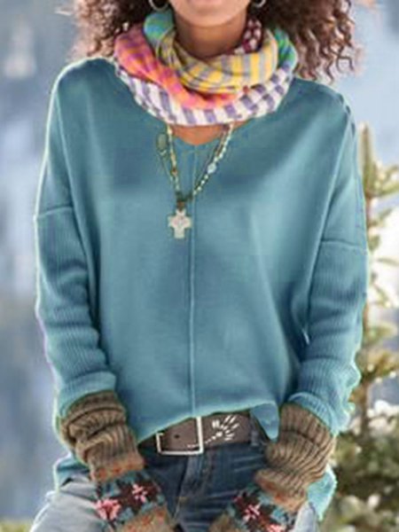 Womens Fall Clothing Green Knitted Simple Sweaters, Blue, Sweaters