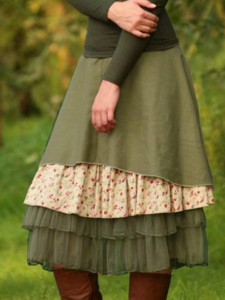 Mini Gonna Multicolore Dolce Cotone Tinta unita, Verde oliva, Skirts