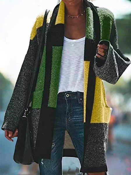 zolucky Color-block Boho Shawl Collar Patchwork Outerwear, Yellow, Coats & Jackets