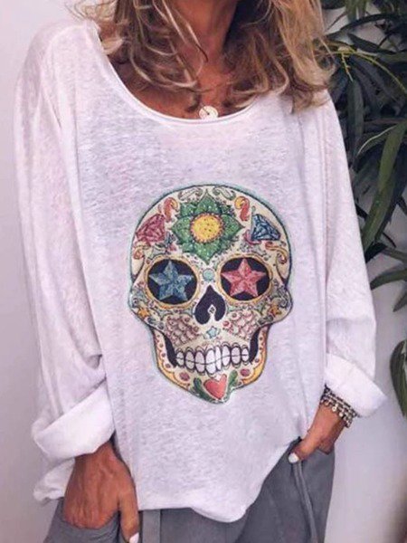 Maglietta Bianca Girocollo Maniche Lunghe, Bianco, Tops