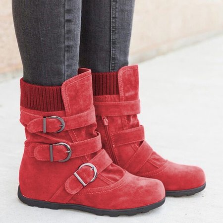 Casual All Season Knitted Fabric Low Heel Boots, Red, Boots