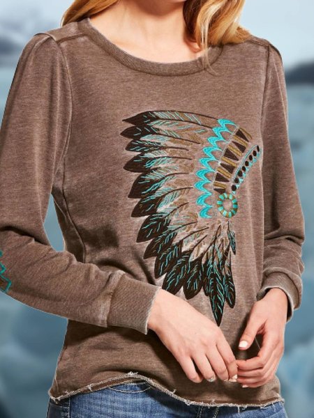 Top a Girocollo di Misto Cotone a Maniche Lunghe Colore-block, Marrone, T-Shirts