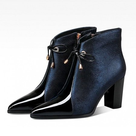 Blue Winter Date Pu Zipper Chunky Heel Boots, Boots