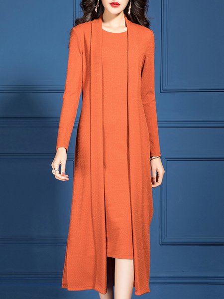 Slit Sheath Daily Coat with Dress Set, Orange, Two-piece Set