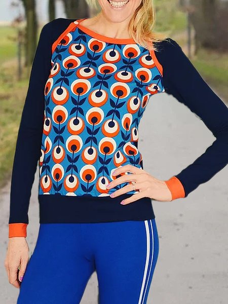 Floral-Print Casual Long Sleeve Sweatshirt, Navy blue, Tops