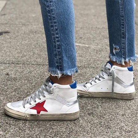 White Flat Red Star Sneakers, Athletic & Casual Shoes