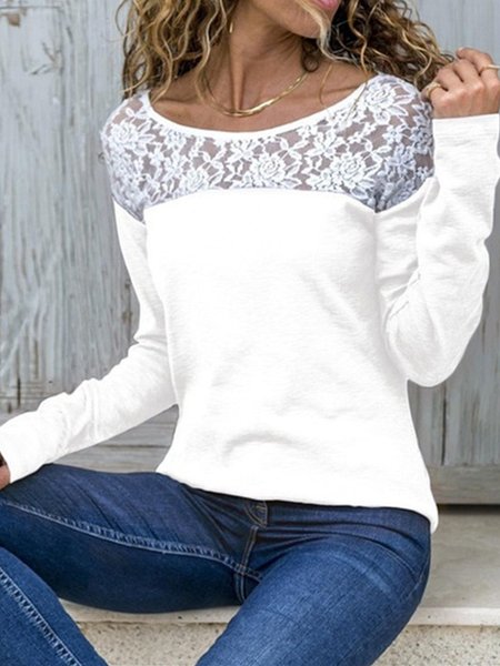 Maglietta a Girocollo Casuale, Bianco, Blouses & Shirts