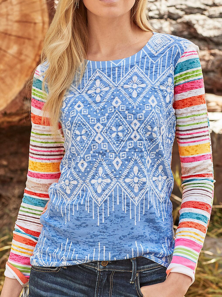 zolucky Casual Printed Long Sleeve Shirts & Tops, Blue, T-Shirts