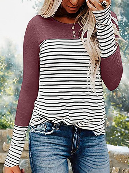Striped Paneled Long Sleeve Blouses, Wine red, Tops