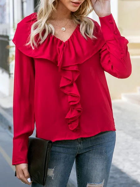 Red Solid V Neck Casual Long Sleeve Blouse, Blouses and Shirts 
Red Solid V Neck Casual Long Sleeve Blouse, Blouses and Shirts