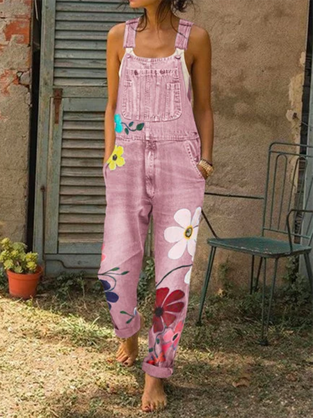 Floral Sleeveless Holiday Floral-Print Jumpsuit, Pink, Overalls