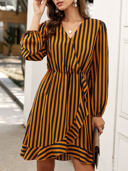 Yellow Shift Casual Stripe Midi Dress, Midi Dresses
