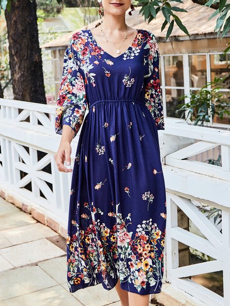 Floral V Neck Shift Holiday Midi Dress, Blue, Midi Dresses