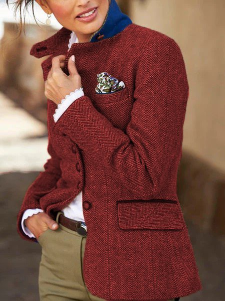 Brown Stand Collar Vintage Plain Wool Blend Outerwear, Purplish red, Coats & Jackets