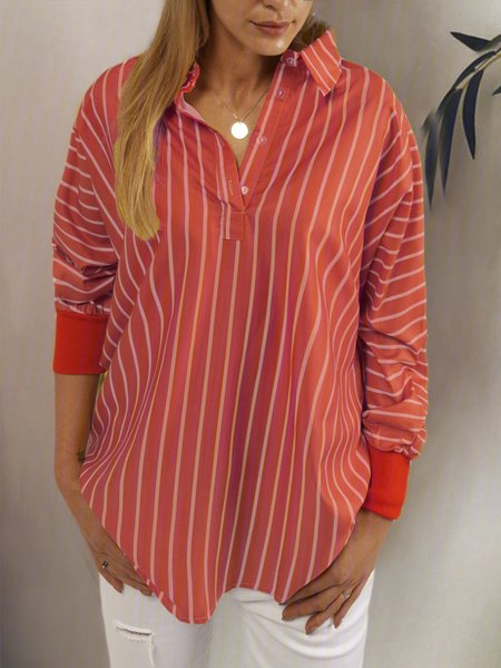 Stripes V Neck Casual Long Sleeve Blouses, Red, Shirts & Blouses