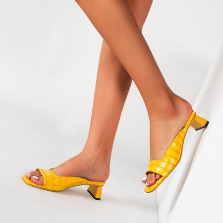 Casual Summer Block Heel Slippers, Yellow, Sandals