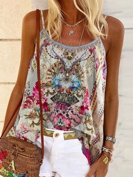 Sleeveless Chiffon Floral Top, Blue, Tank Tops