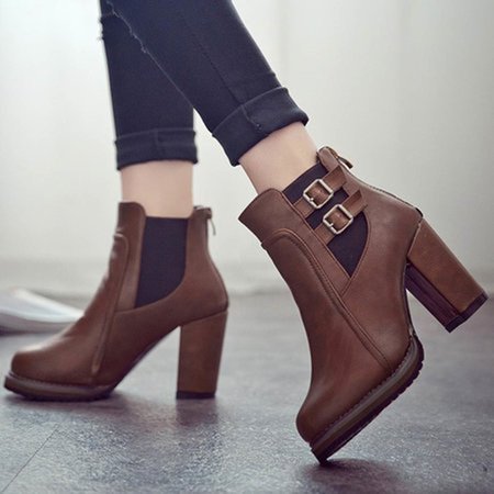 Buckle Pu Chunky Heel Elegant Boots, Brown, Boots