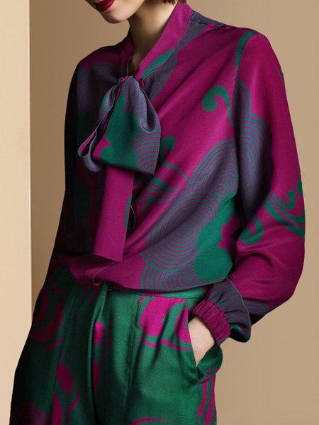 Tie-Neck Color-Block Elegant Blouse, Purple, Blouses and Shirts