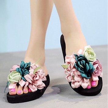 Artificial Suede Platform Flower Slippers Womens Slide Sandals, Pink, Pullovers