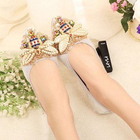 Rhinestone Pointed Toe Elegant Flats, Silver, Auto-Clearance