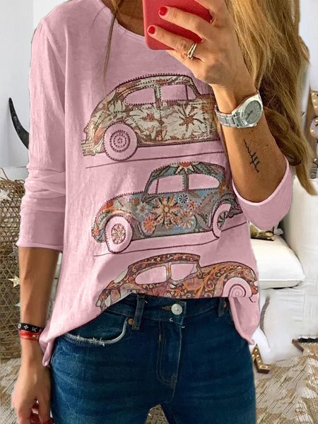 Cartoon Car Printed Casual Long Sleeve Round Neck Top Shirt, Pink, Tops