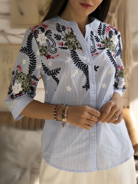 Sky Blue Navy Stripe Stand Collar Floral Cotton Shirts & Tops, P.M.C.T