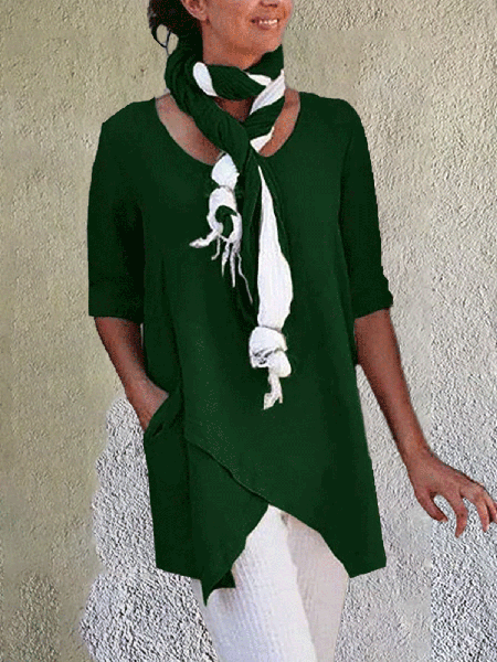 

Women Solid Asymmetrical Hem Pockets Half Sleeve Casual Plus Size Cotton Linen Tunic Top, Army green, Tunics