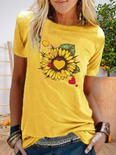 T-Shirt Stampato Floreale, Giallo, Tops