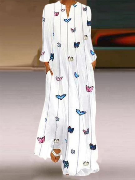 Maxi Abito Stampato Floreale a Girocollo con Tasche, Bianco, Dresses