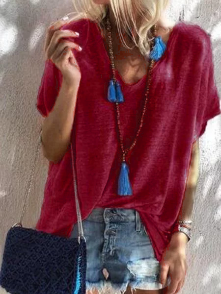 Plain V Neck Sweet T-Shirts, Wine red, T-Shirts