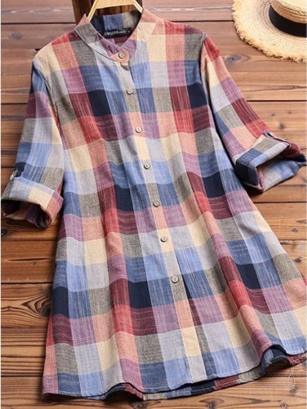 Cotton Plaid Long Sleeve Casual Top, Pink, Blouses & Shirts