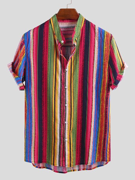 Men's Printed Striped Casual Shirts, Red, Men's Top