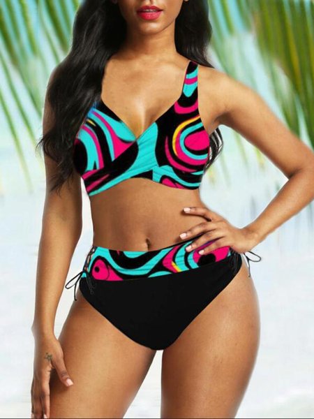 Printed Wide Strap Lace Up Bikini Set Swimwear Swimsuit Bathing Suit, Black, Swimwear